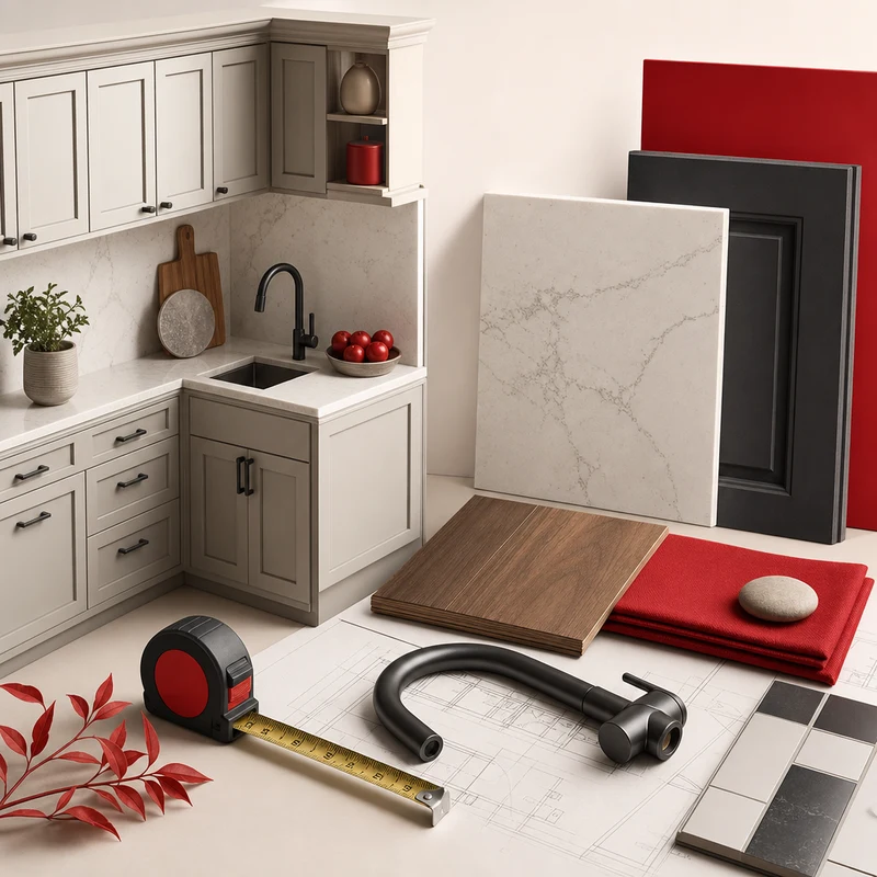 Kitchen material samples arranged beside a renovation plan