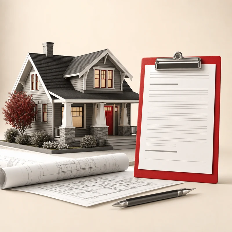 Miniature house on a permit clipboard with a pencil